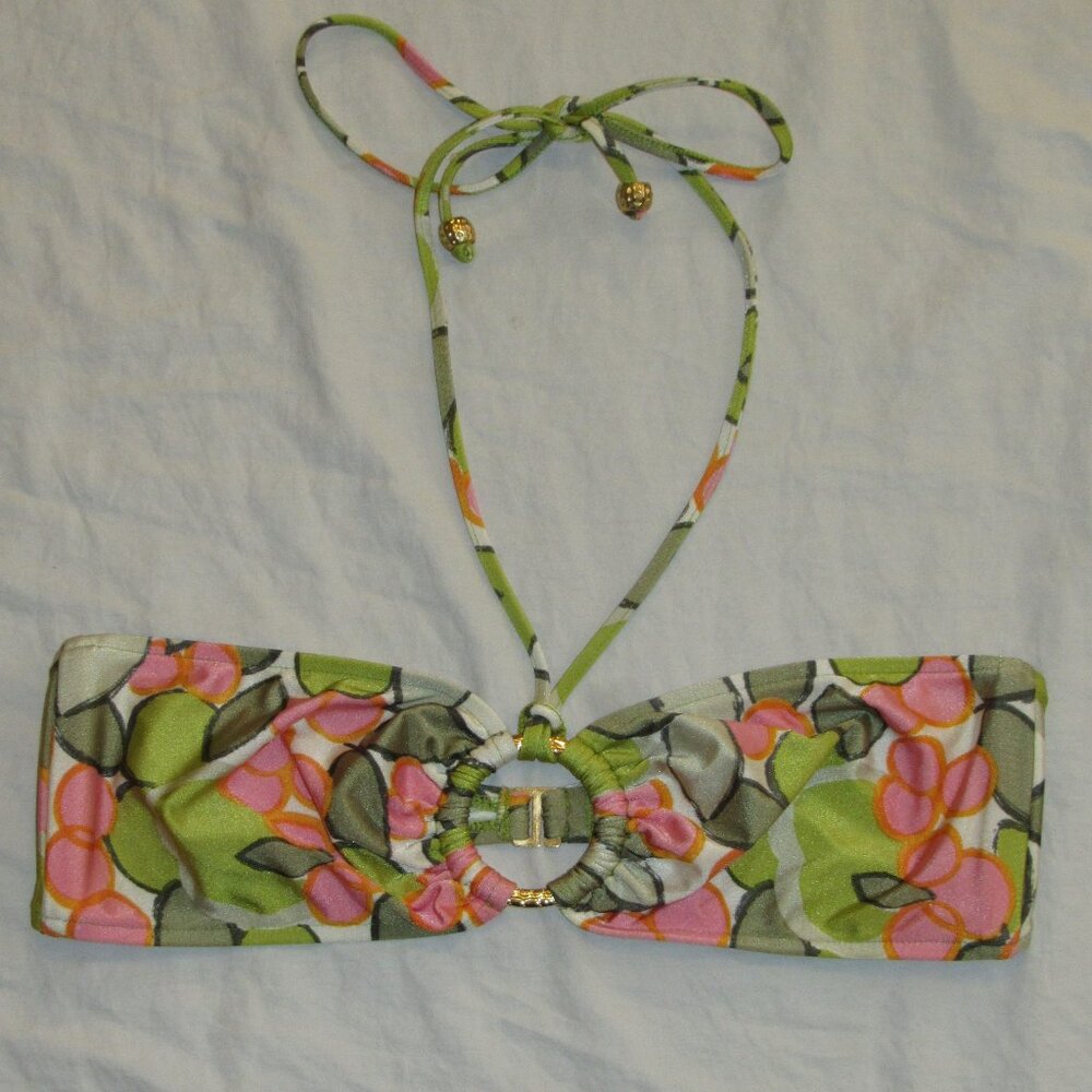 Milly Cabana Green Pink Mod Floral Retro Bandeau Halter Convertible Bikini Top L